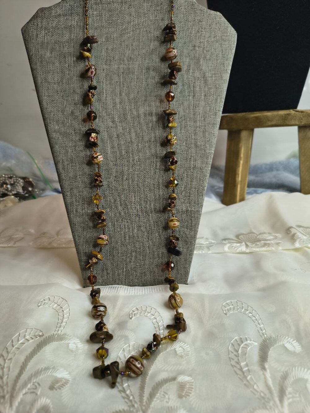 Silver Tone Art Glass and Natural Stone Necklace